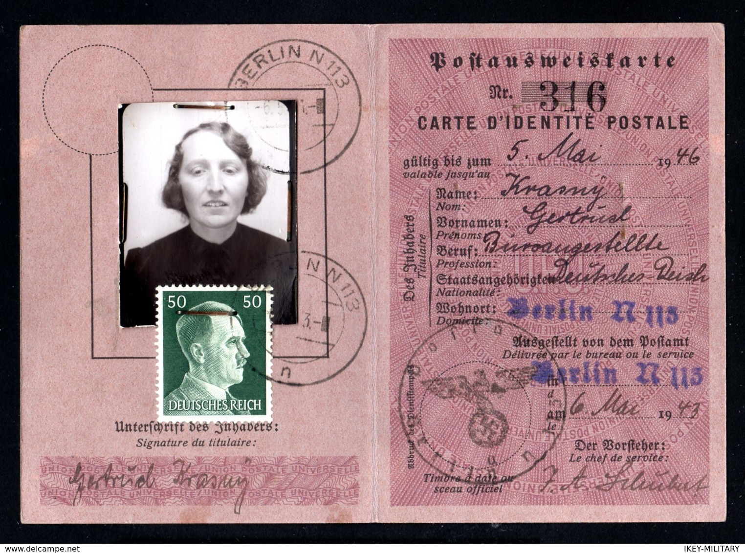 17760-GERMAN EMPIRE-MILITARY German Postal Identity Card.1943.WWII.DEUTSCHES REICH.carte D'identité Postale Allemande. - 1939-45