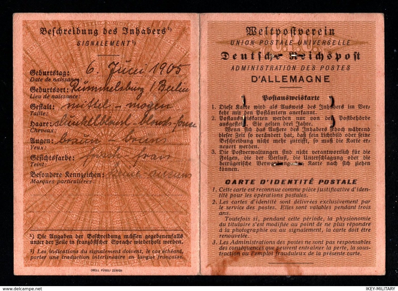 17760-GERMAN EMPIRE-MILITARY German Postal Identity Card.1943.WWII.DEUTSCHES REICH.carte D'identité Postale Allemande. - 1939-45