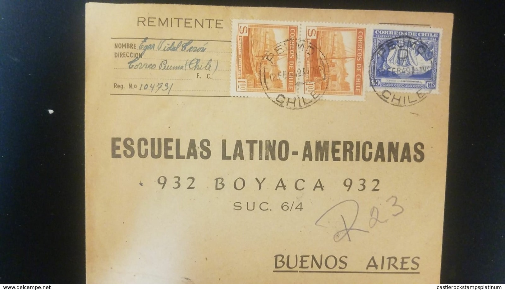 O) 1949 CHILE, FISHING IN CHILOE, FLORA  BY CHILE -FLOWER 60c Lilac- ESCUELAS LATINO AMERICANAS, TO BUENOS AIRES - Chile