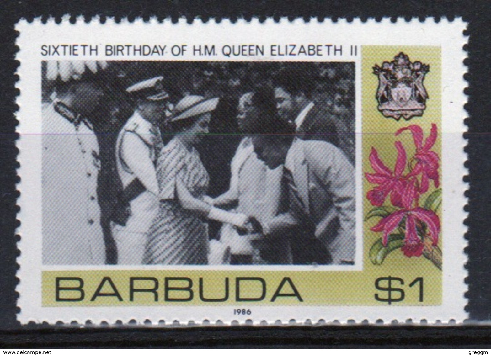 Barbuda 1986 Single $1 Stamp Celebrating The 60th Birthday Of The Queen. - Antigua And Barbuda (1981-...)