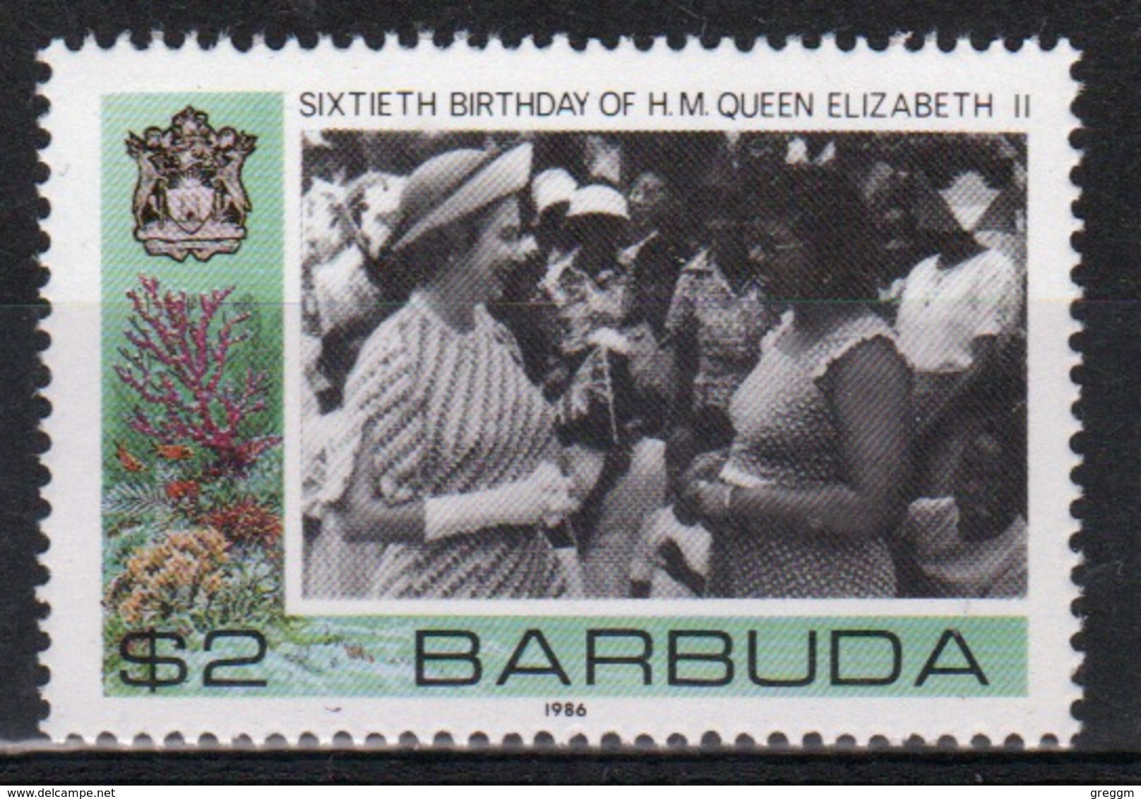 Barbuda 1986 Single $2 Stamp Celebrating The 60th Birthday Of The Queen. - Antigua And Barbuda (1981-...)
