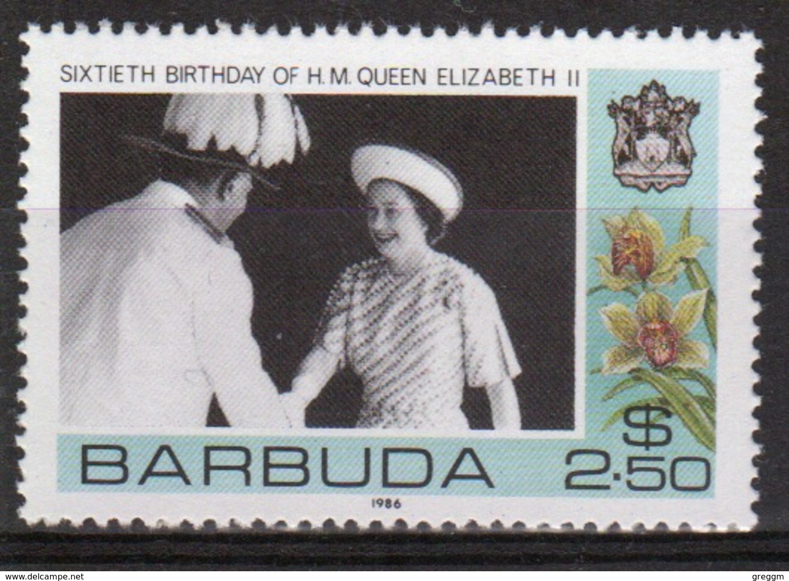 Barbuda 1986 Single $2.50 Stamp Celebrating The 60th Birthday Of The Queen. - Antigua And Barbuda (1981-...)