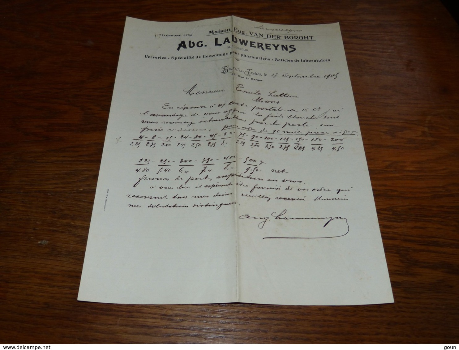 FF6  Document Commercial Facture Aug Lauwereyns Verreries Flaconnage Pour Pharmaciens Ixelles 1903 - 1900 – 1949