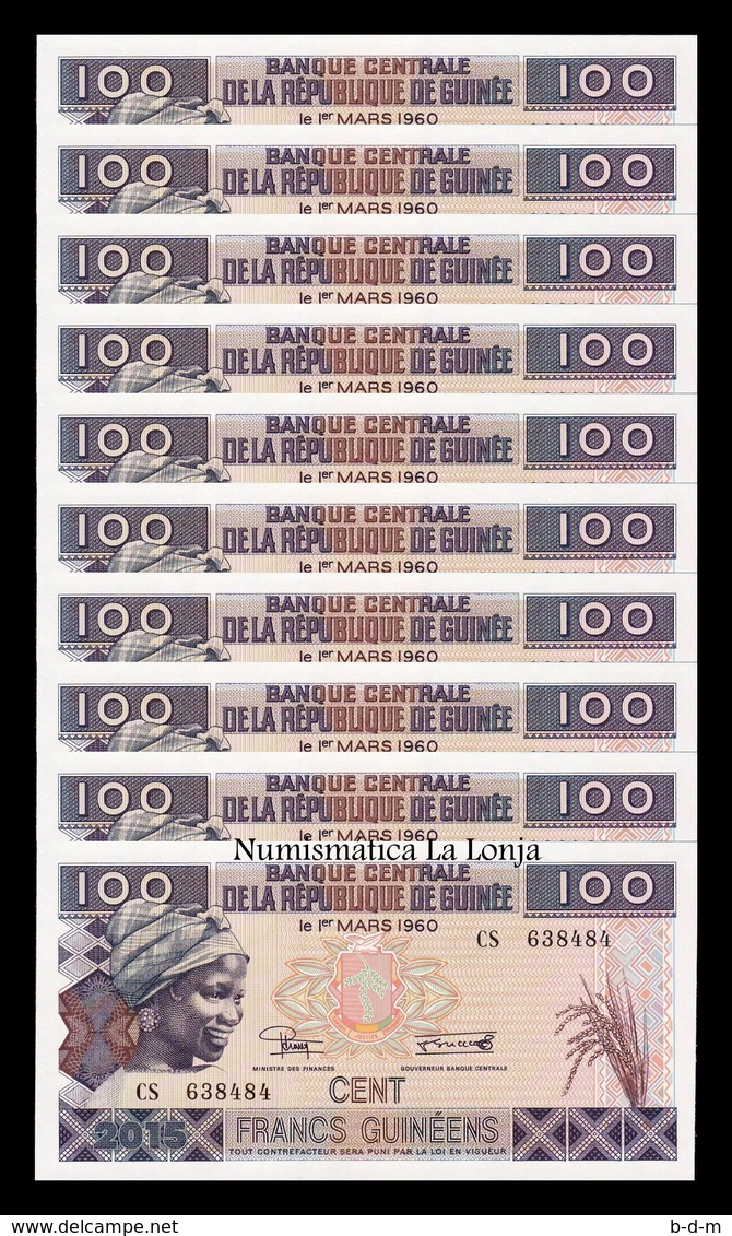 Guinea Lot Bundle 10 Banknotes 100 Francs 2015 Pick New SC UNC - Guinée