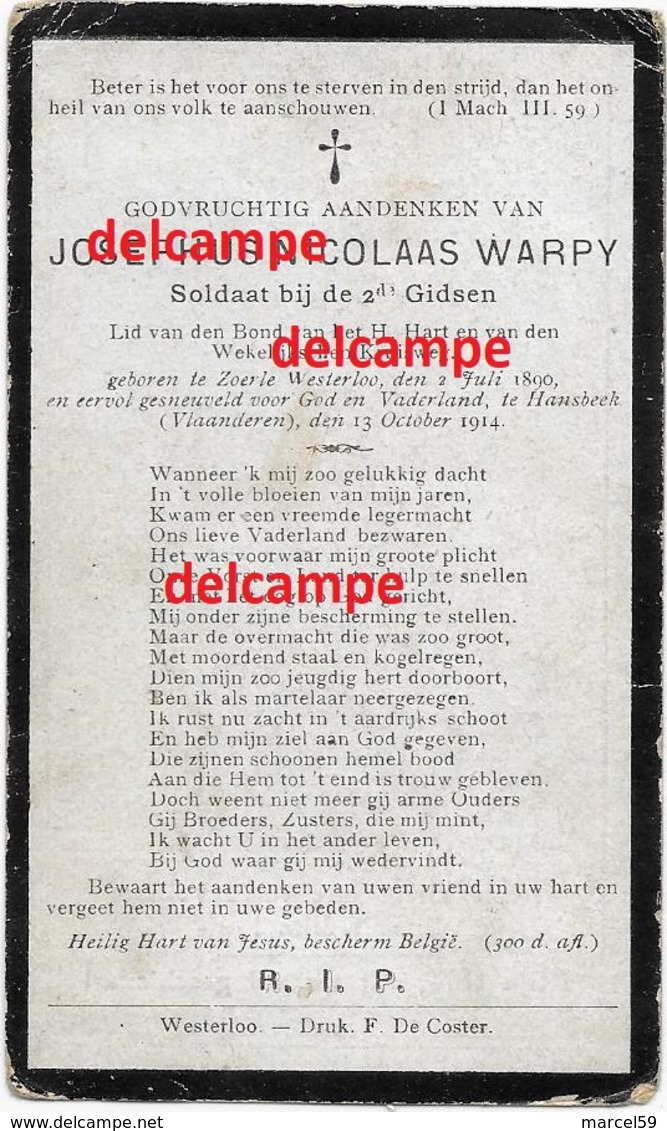 Oorlog Guerre Joseph Warpy Zoerle Westerloo Soldaat Gesneuveld Te Hansbeke 13 Okt 1914 Gidsen Merendree Lansiers Lancer - Images Religieuses