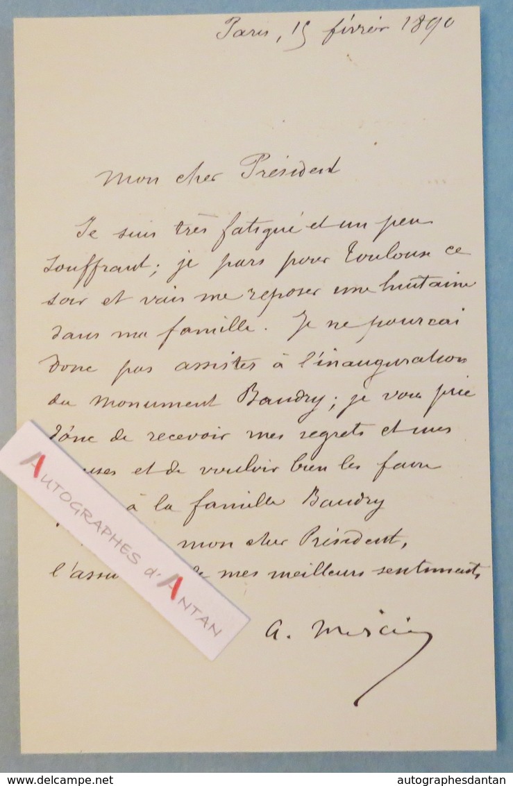 L.A.S 1890 Antonin MERCIE Peintre Sculpteur - Monument BAUDRY - Lettre Autographe - Né à Toulouse - Autres & Non Classés