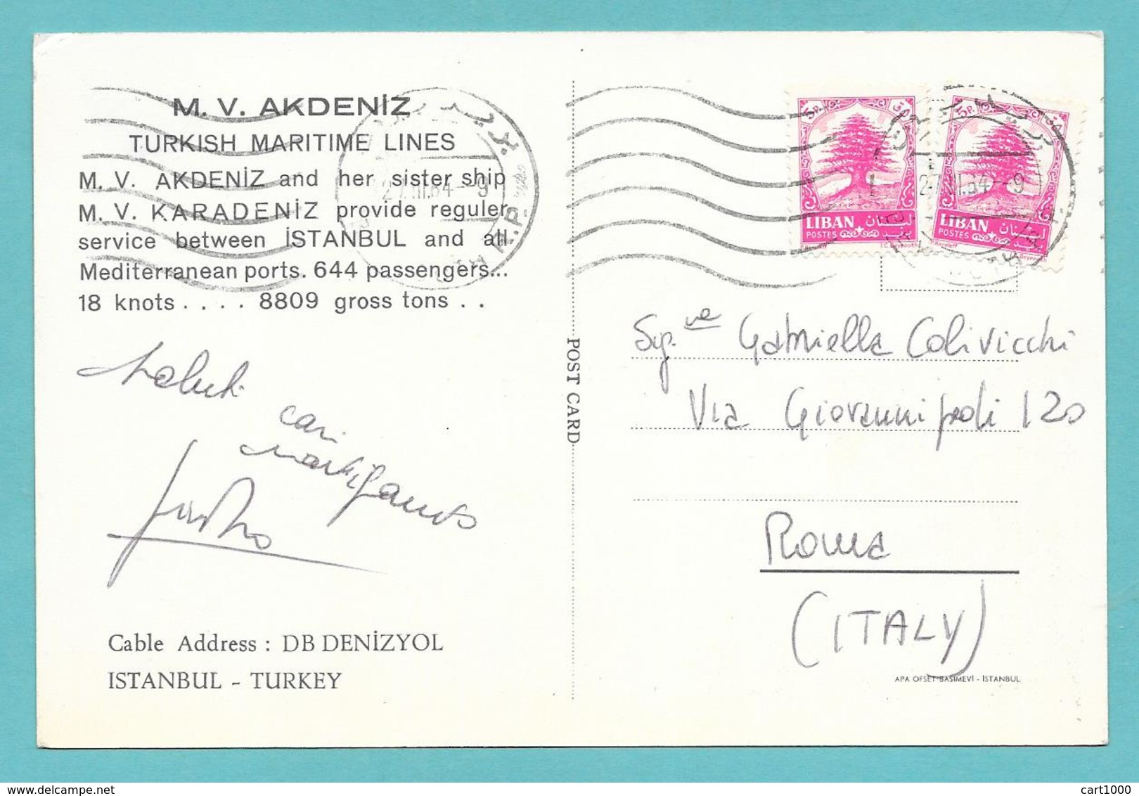 LIBAN LIBANO LEBANON 1964 ON CARD TURKISH MARITIME LINES M.V. AKDENIZ - Lebanon