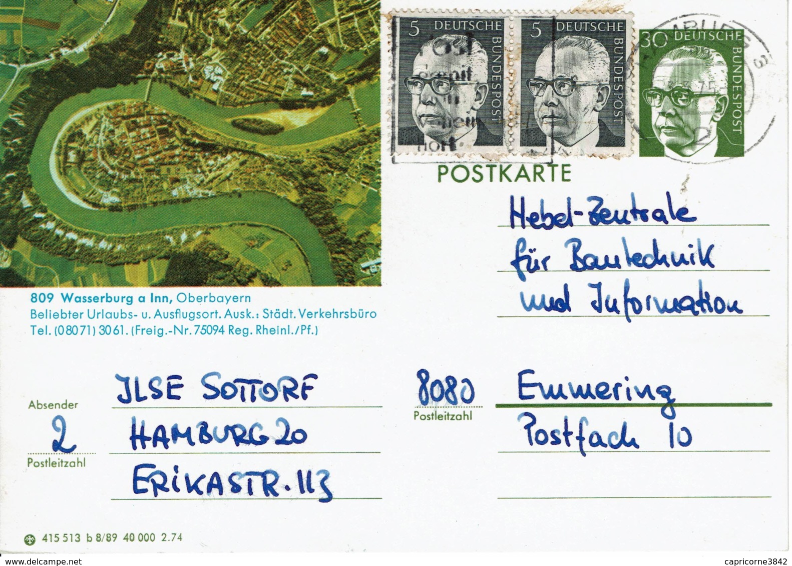 1974 - Allemagne - Carte Entier Postal - WASSERBURG A INN - (+ 2 Tp N° 505) - Cartoline Illustrate - Usati