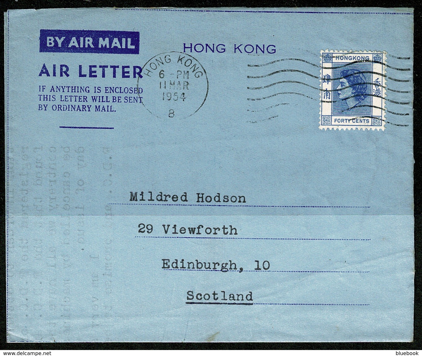 Ref 1301 - 1954 Hong Kong Air Letter - 40c Rate To Edinburgh - Cartas & Documentos