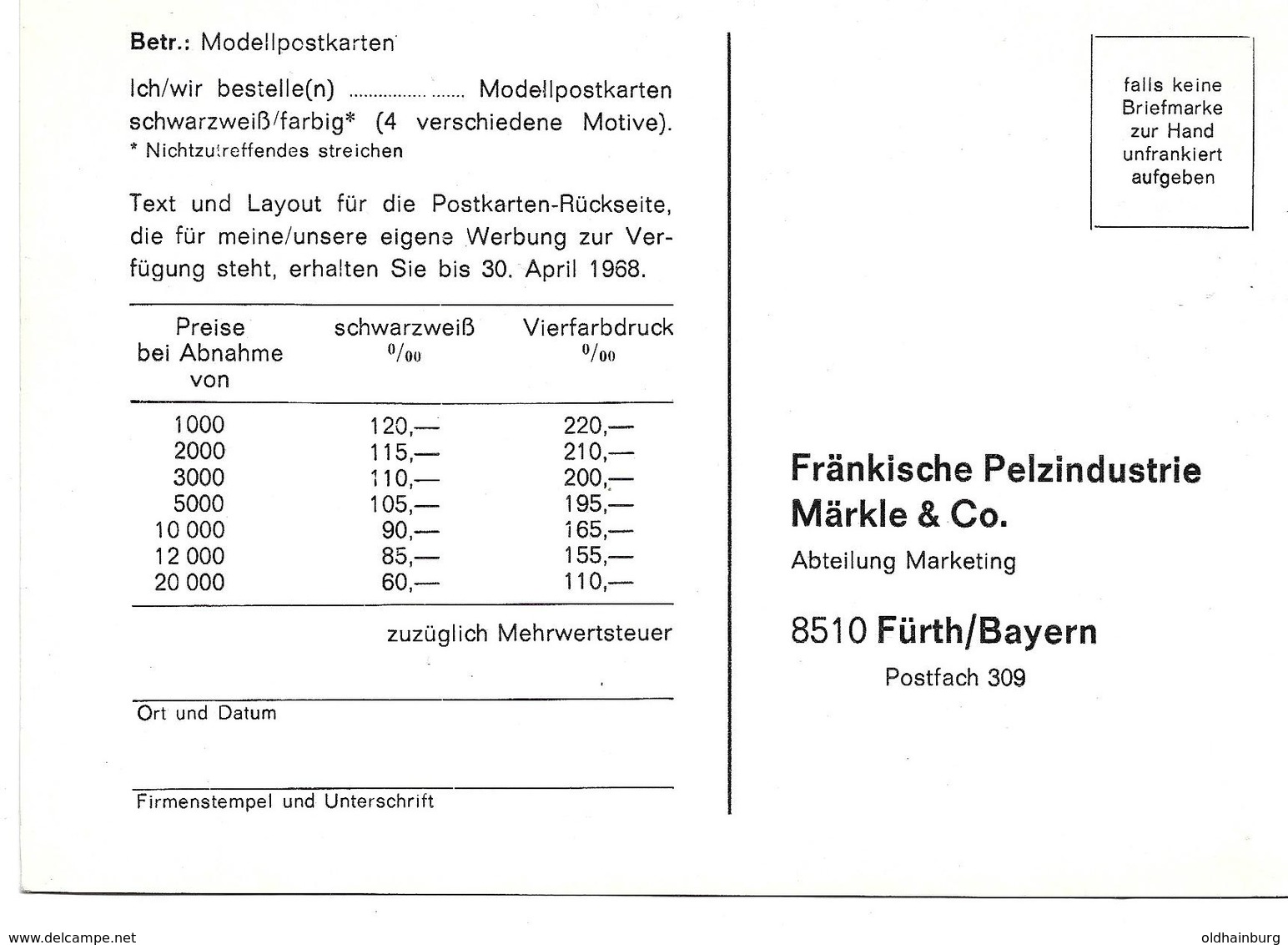 3081g: Werbekarte Um 1960, Fränkische Pelzindustrie Fürth, Modellpostkarten, Pearlnerzjacke - Fuerth