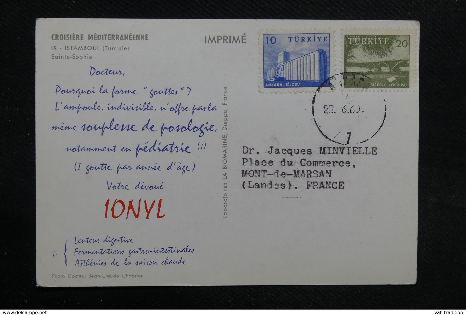 TURQUIE - Carte Publicitaire Médicale ( Biomarine De Dieppe ) Pour La France En 1960 - L 31547 - Storia Postale