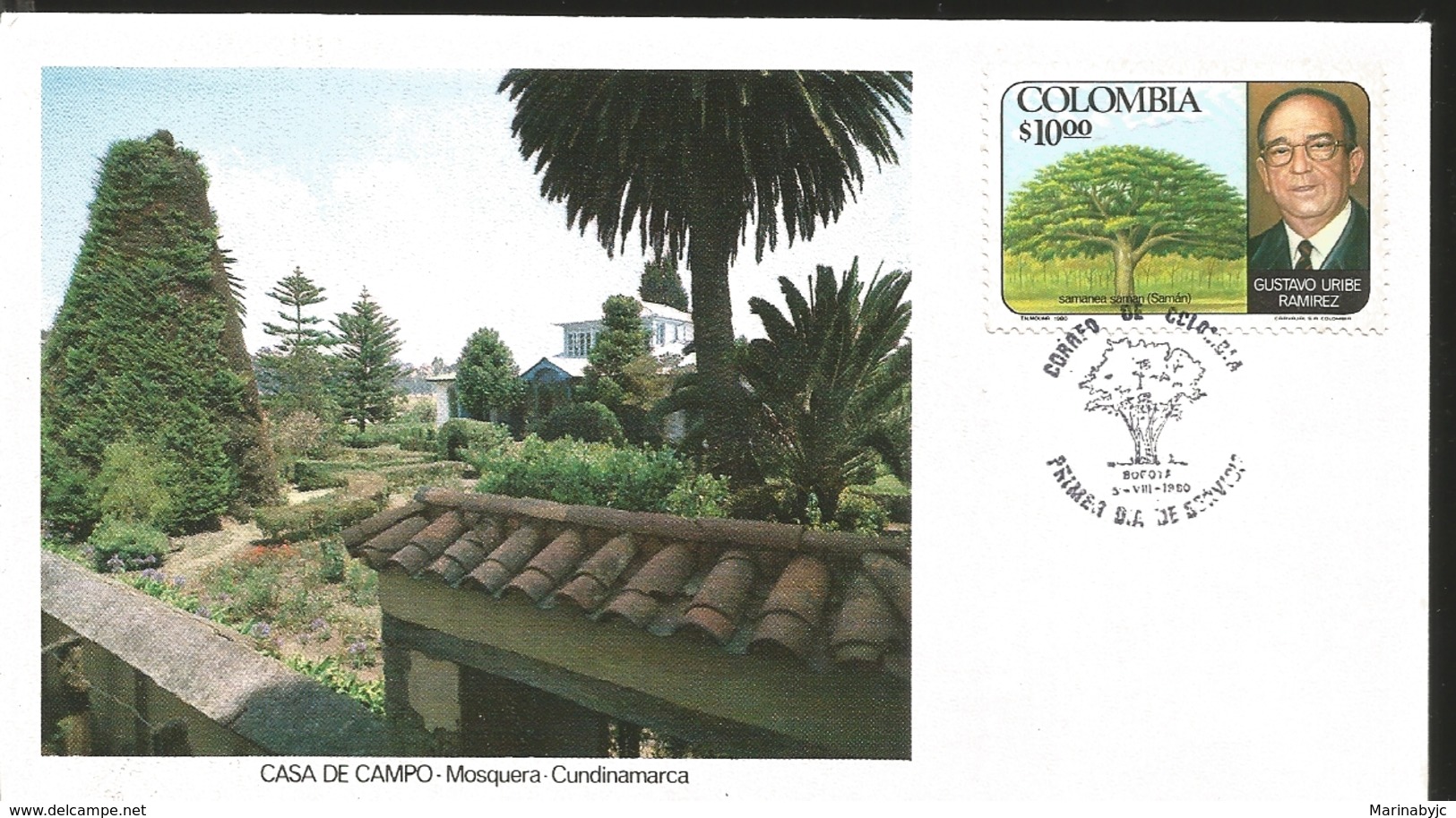 J) 1980 COLOMBIA, SAMANEA SAMAN, TREE, GUSTAVO URIBE RAMIREZ, COTTAGE, FDC - Colombia