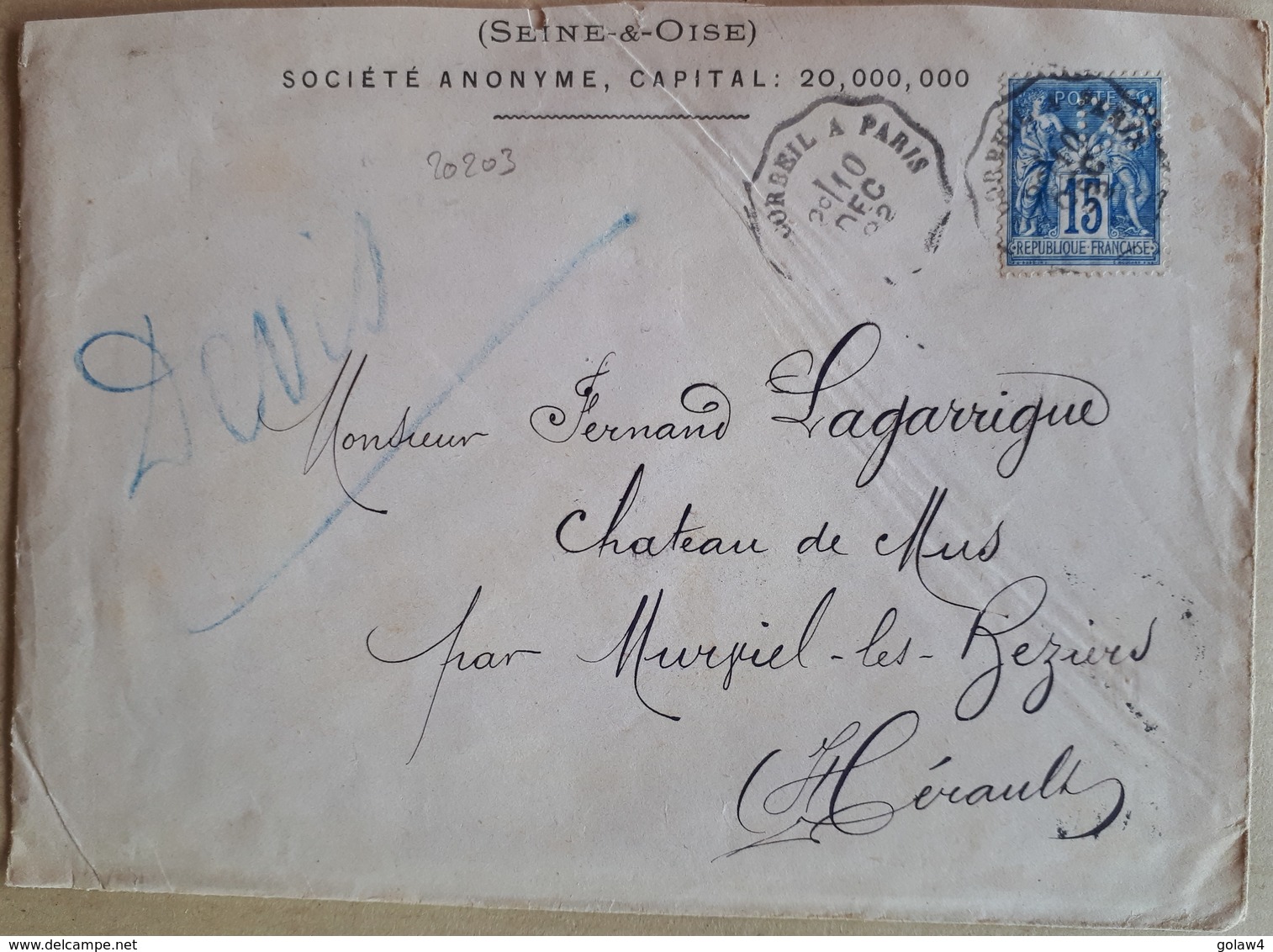 20203# SAGE PERFORE PERFIN DA LETTRE Obl CORBEIL A PARIS 1892 CONVOYEUR LIGNE CHATEAU DE MUS MURVIEL LES BEZIERS HERAULT - 1877-1920: Semi-Moderne