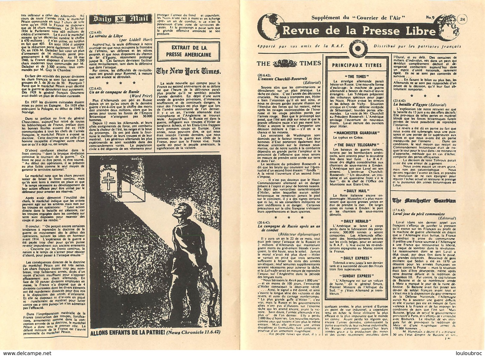 REVUE DE LA PRESSE LIBRE EXTRAIT DOUBLE PAGE   RESISTANCE   1942 - 1939-45