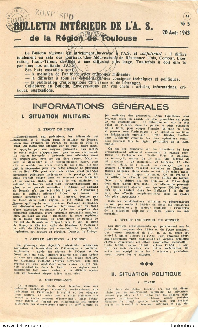 BULLETIN INTERIEUR DE L'A.S. DE LA REGION DE TOULOUSE  RESISTANCE   1943 - 1939-45