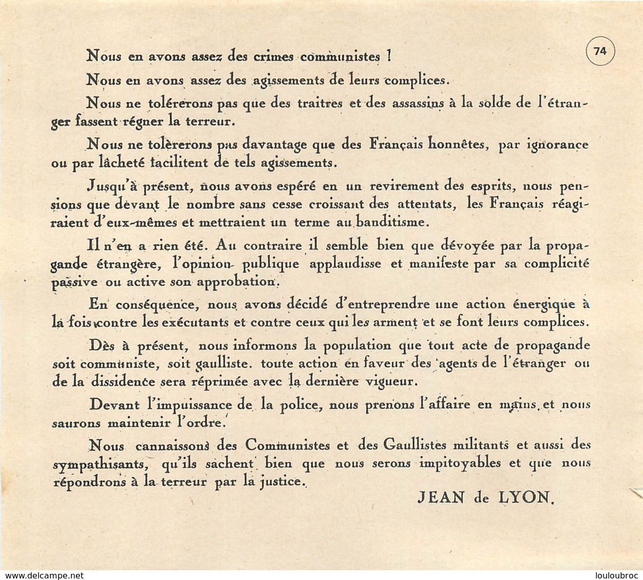 EXTRAIT D'APPEL DE JEAN DE LYON  RESISTANCE - 1939-45