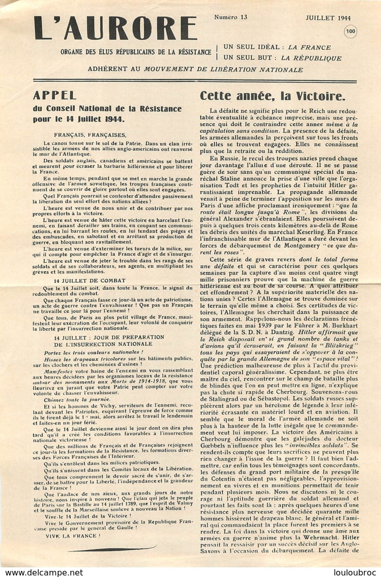 L'AURORE APPEL DU CONSEIL NATIONAL DE LA RESISTANCE 14 JUILLET 1944 DOUBLE PAGE - 1939-45