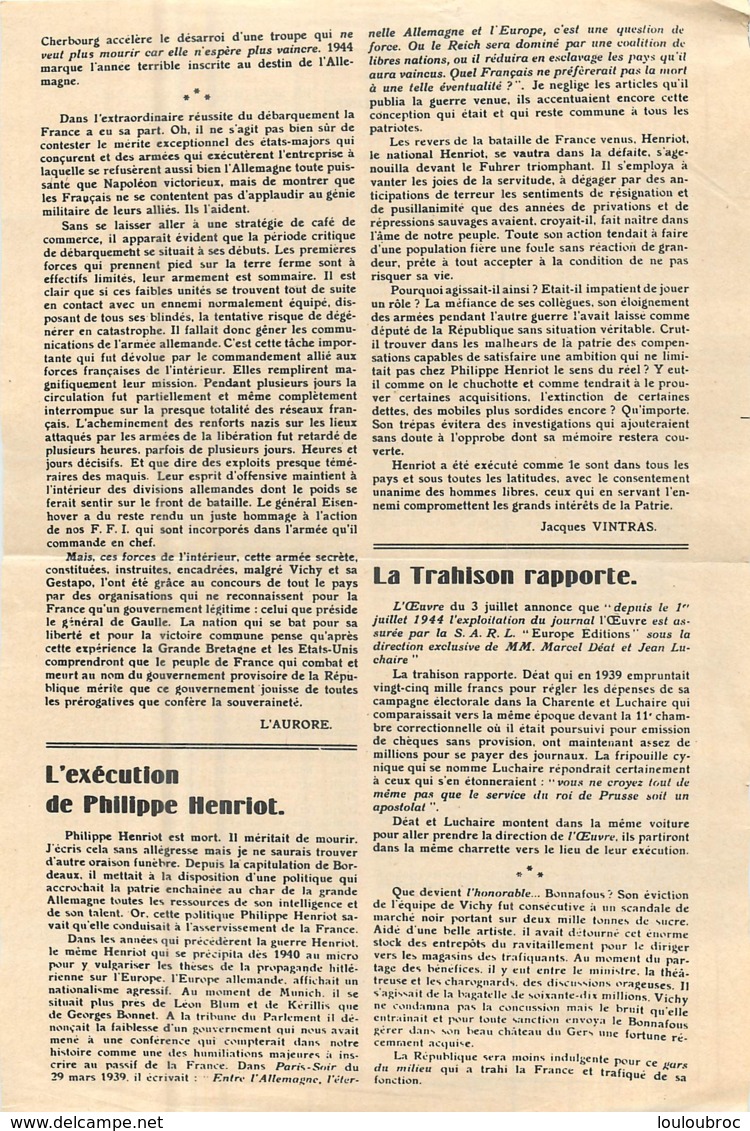 L'AURORE APPEL DU CONSEIL NATIONAL DE LA RESISTANCE 14 JUILLET 1944 DOUBLE PAGE - 1939-45