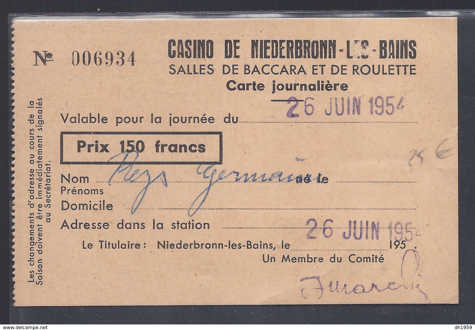 1954 CASINO DE NIEDERBRONN LES BAINS BACCARA ROULETTE JEUX FISCAUX REVENUE STEUER - Cartes à Jouer