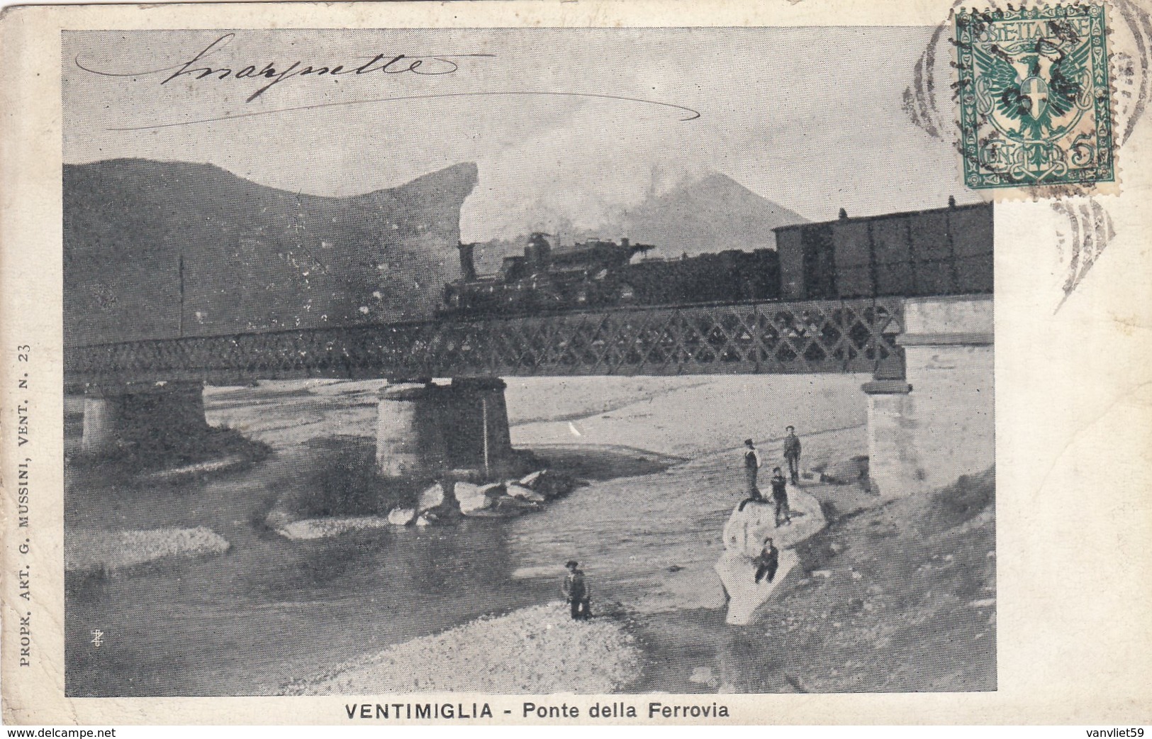 VENTIMIGLIA-IMPERIA-PONTE SULLA FERROVIA-PASSAGGI TRENO FUMANTE-VEDUTA INSOLITA-CARTOLINA VIAGGIATA IL 1-3-1904 - Imperia