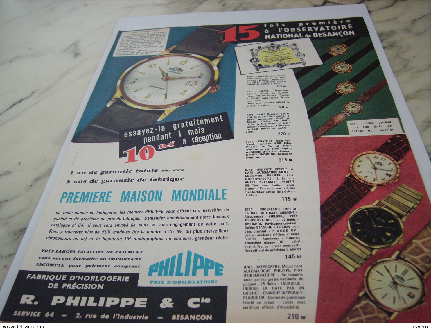 ANCIENNE PUBLICITE  MONTRE PHILIPPE DE BESANCON 1961 - Otros & Sin Clasificación