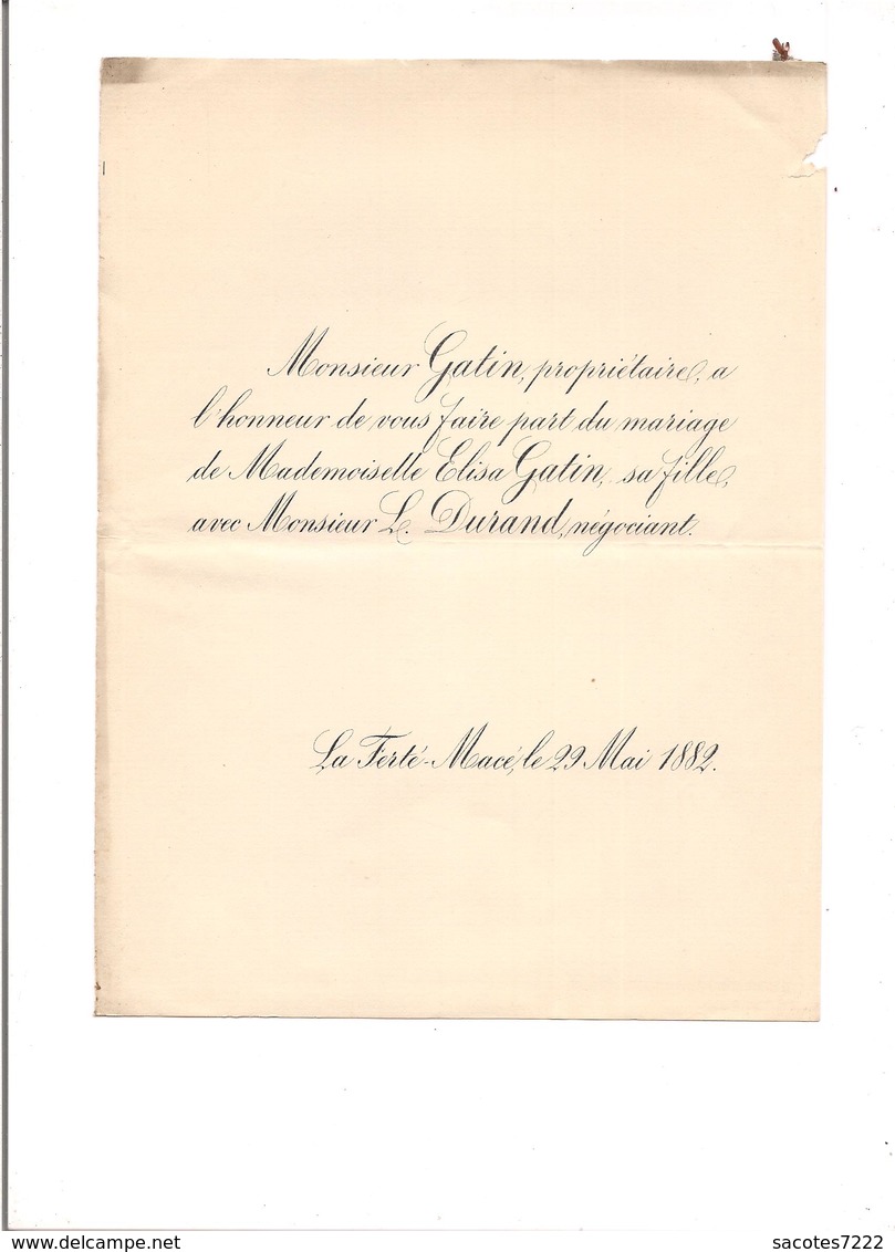 FAIRE PART  DE MARIAGE   1882  DURAND / GATIN - LA FERTE MACE - - Boda