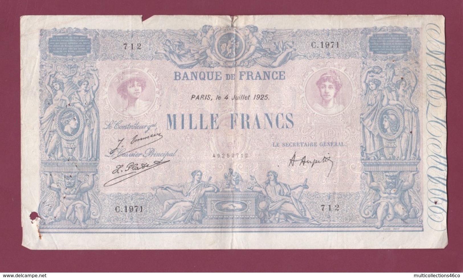 100619A - BILLET Mille Francs Banque De France 4 Juillet 1925 C1971 712 - 1 000 F 1889-1926 ''Bleu Et Rose''