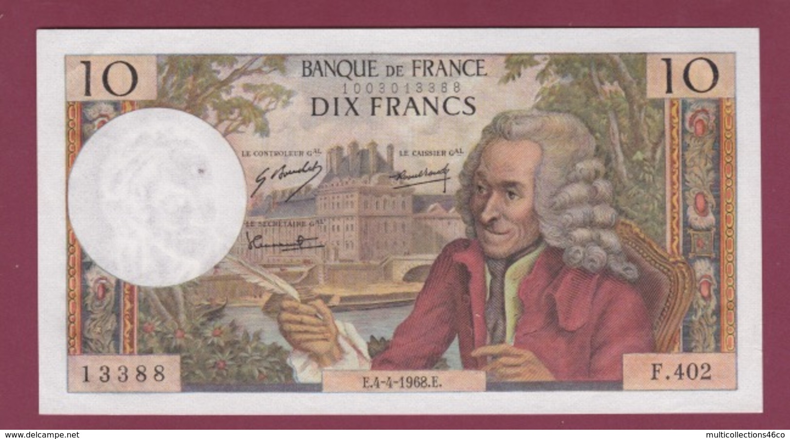 100619A - BILLET BANQUE DE FRANCE DIX FRANCS Voltaire 4 4 1968 - 10 F 1963-1973 ''Voltaire''