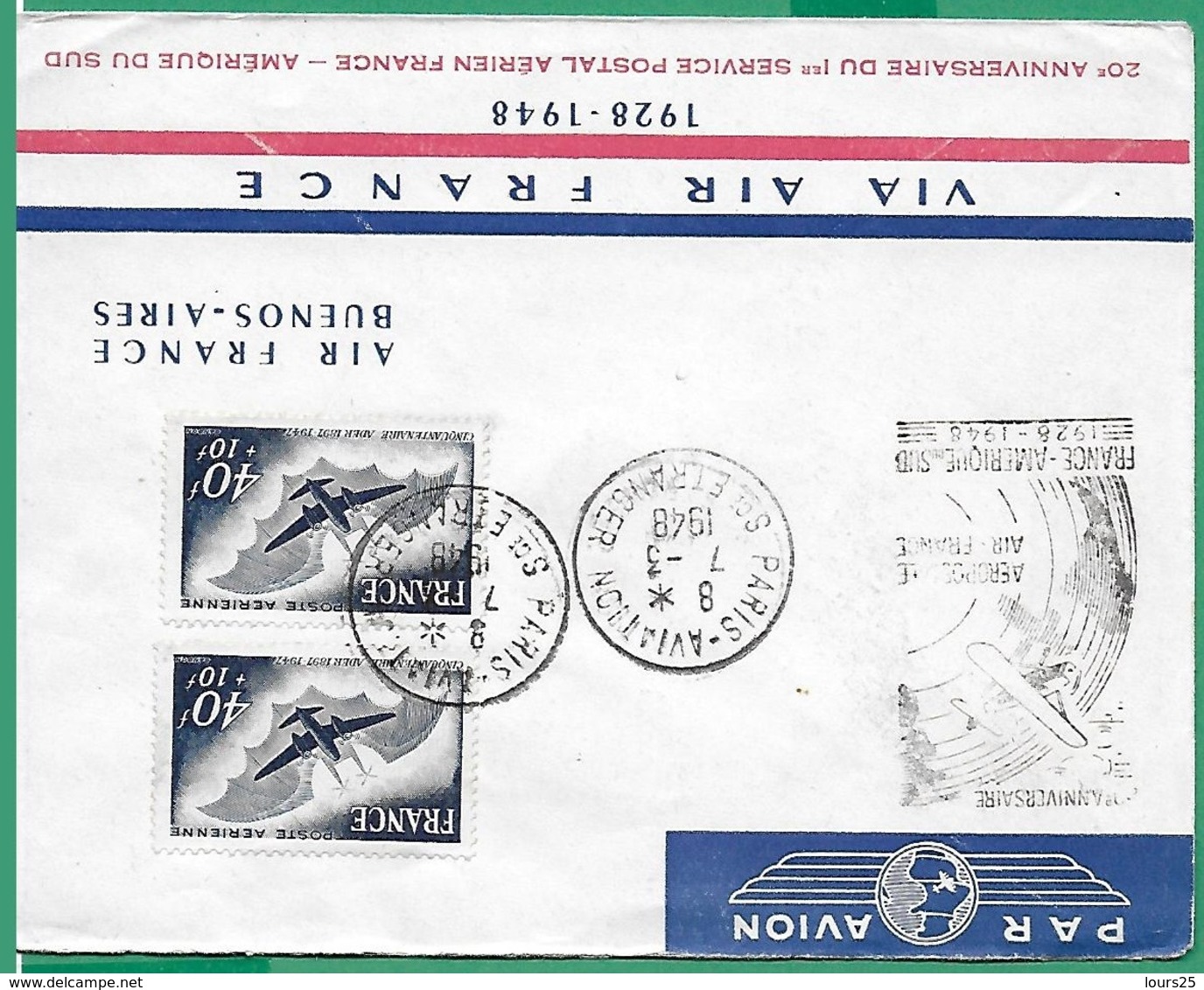 ! - France - YT PA 23 X 2 Sur Lettre - 20è Anniversaire 1er Service Postal Aérien France-Amérique Du Sud - 1927-1959 Lettres & Documents