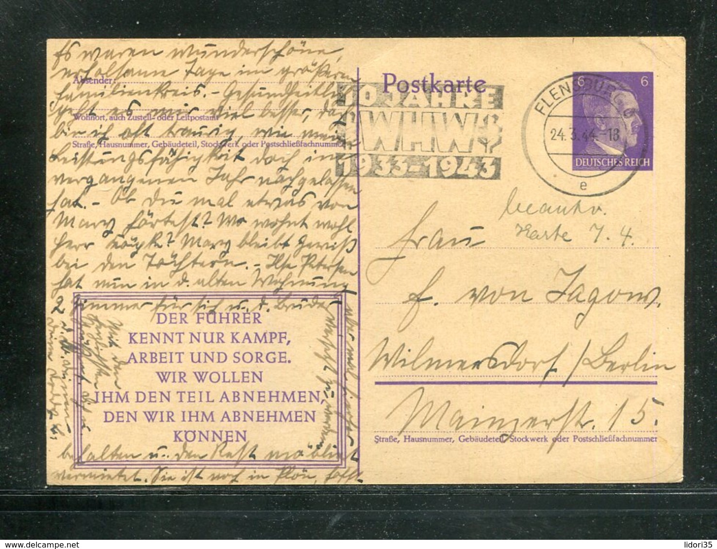 Deutsches Reich / 1944 / Masch.-Stempel Flensburg "10 Jahre WHW" A. Postkarte (17356) - Maschinenstempel (EMA)