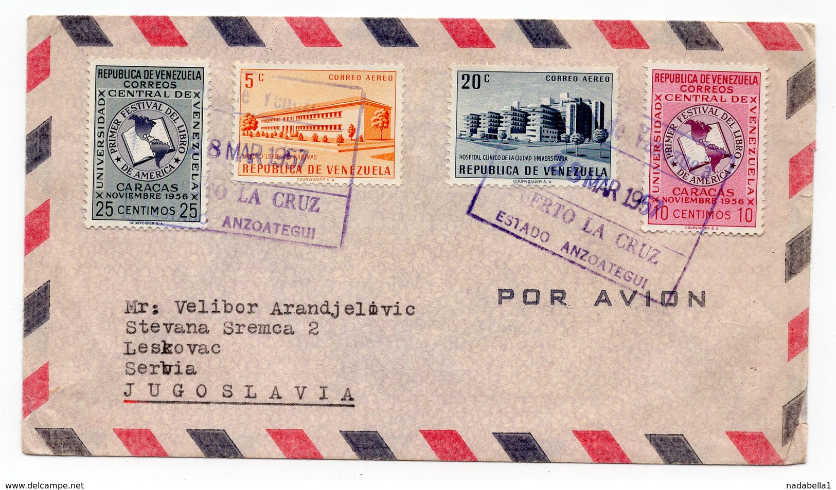 1957 VENEZUELA, PUERTO LA CRUZ TO LESKOVAC, SERBIA, YUGOSLAVIA, TRANZIT BARCELONA , ZAGREB, AIR MAIL - Venezuela