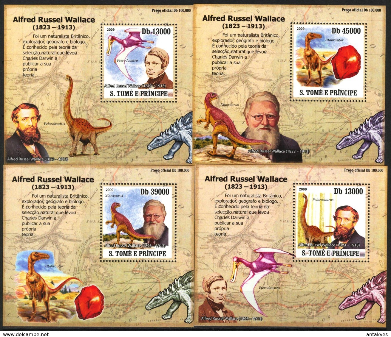 A{021} Sao Tome & Principe 2009 Dinosaurs A.R. Wallace 4 S/S Deluxe MNH** - Sao Tome Et Principe