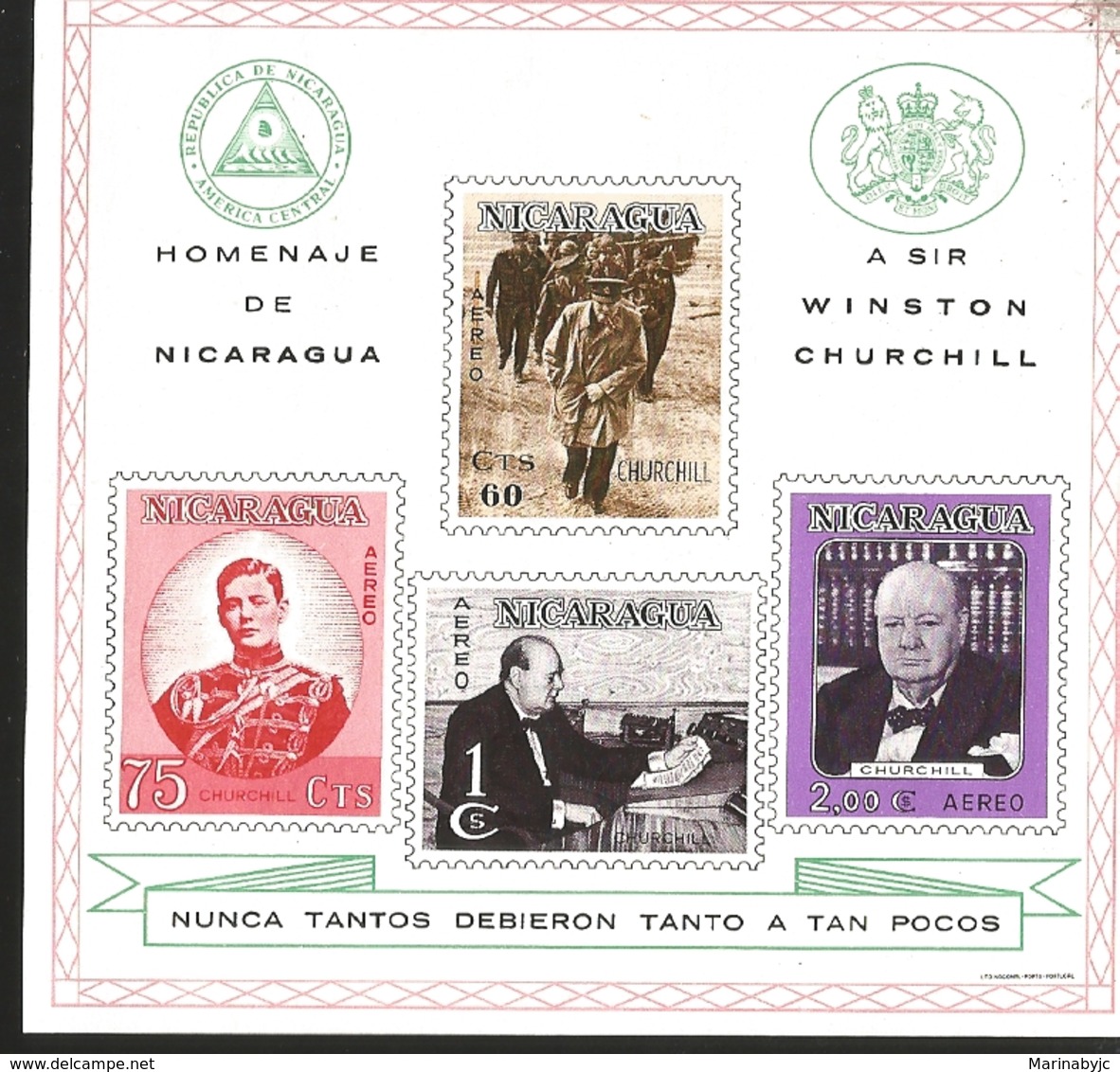 V) 1966, NICARAGUA, SIR WINSTON CHURCHILL, 1ST DEATH ANNIVERSARY, IMPERFORATED, STAMPS ON STAMPS, SOUVENIR SHEET - Nicaragua