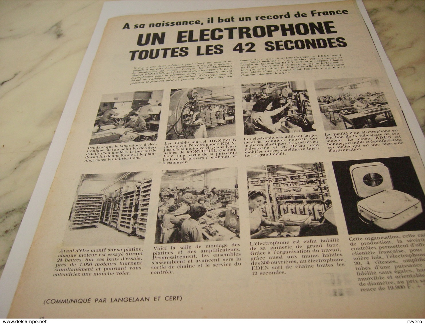 ANCIENNE PUBLICITETOUTES LES 42 SECONDES ELECTROPHONE  DE EDEN    1958 - Autres & Non Classés