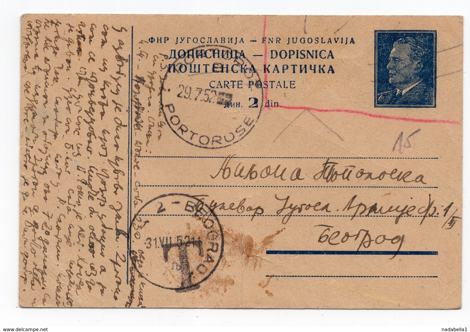 1952 YUGOSLAVIA, SLOVENIA, VUJA, PORTOROSE, TITO, STATIONARY CARD, 2 DIN, USED FROM PORTOROZ TO BELGRADE - Covers & Documents