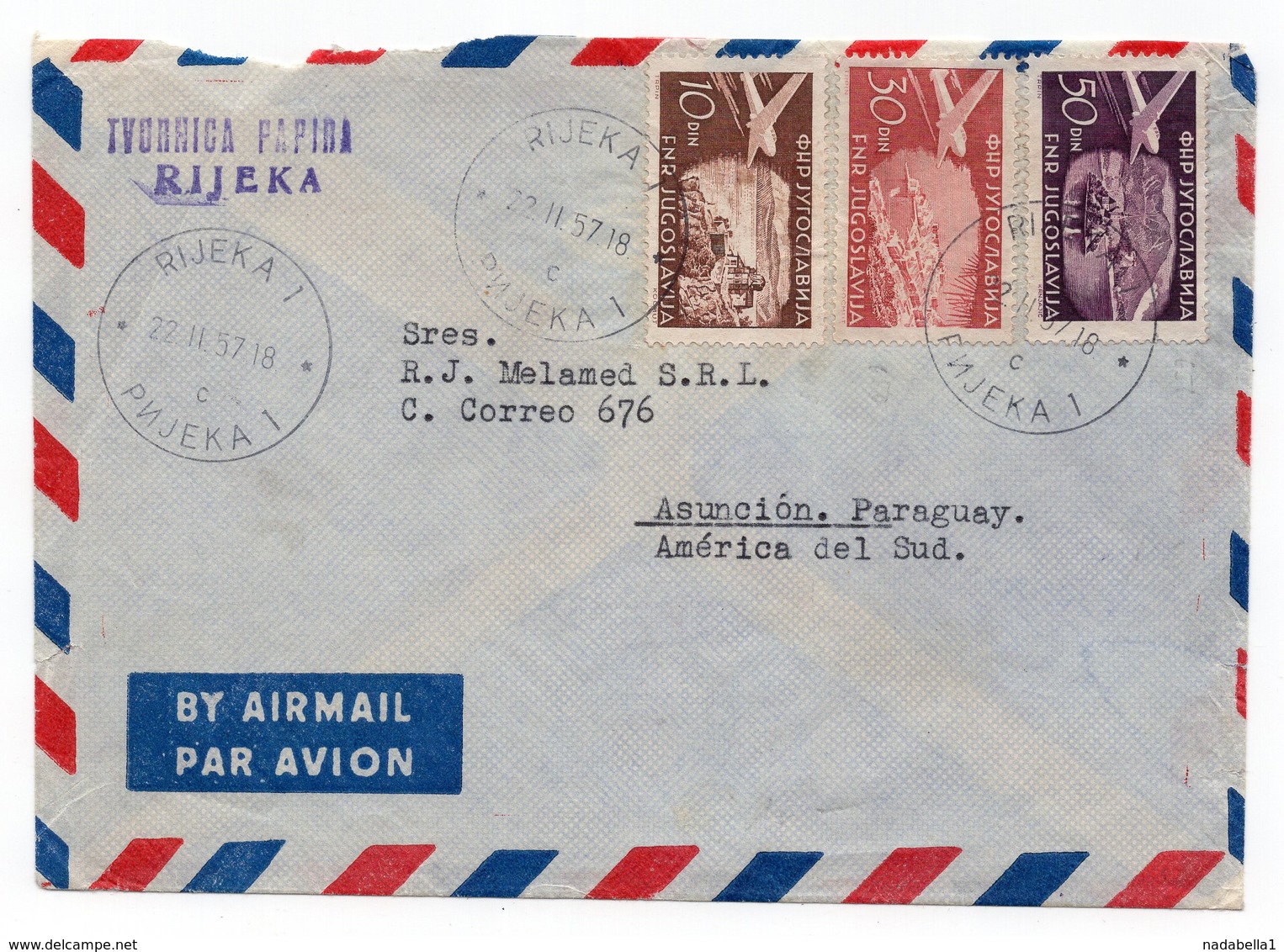 1957 YUGOSLAVIA, CROATIA, RIJEKA TO ASUNCION, PARAGUAY, SOUTH AMERICA, AIR MAIL - Covers & Documents