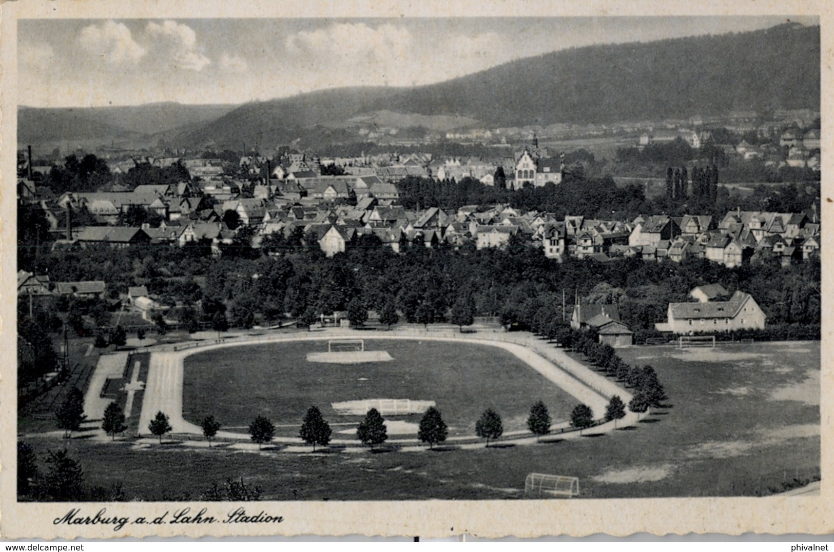 1941 , ALEMANIA , TARJETA POSTAL CIRCULADA DESDE FRANKENBERG , MARCA DE FRANQUICIA , ESTADIO DE MARBURG - Covers & Documents