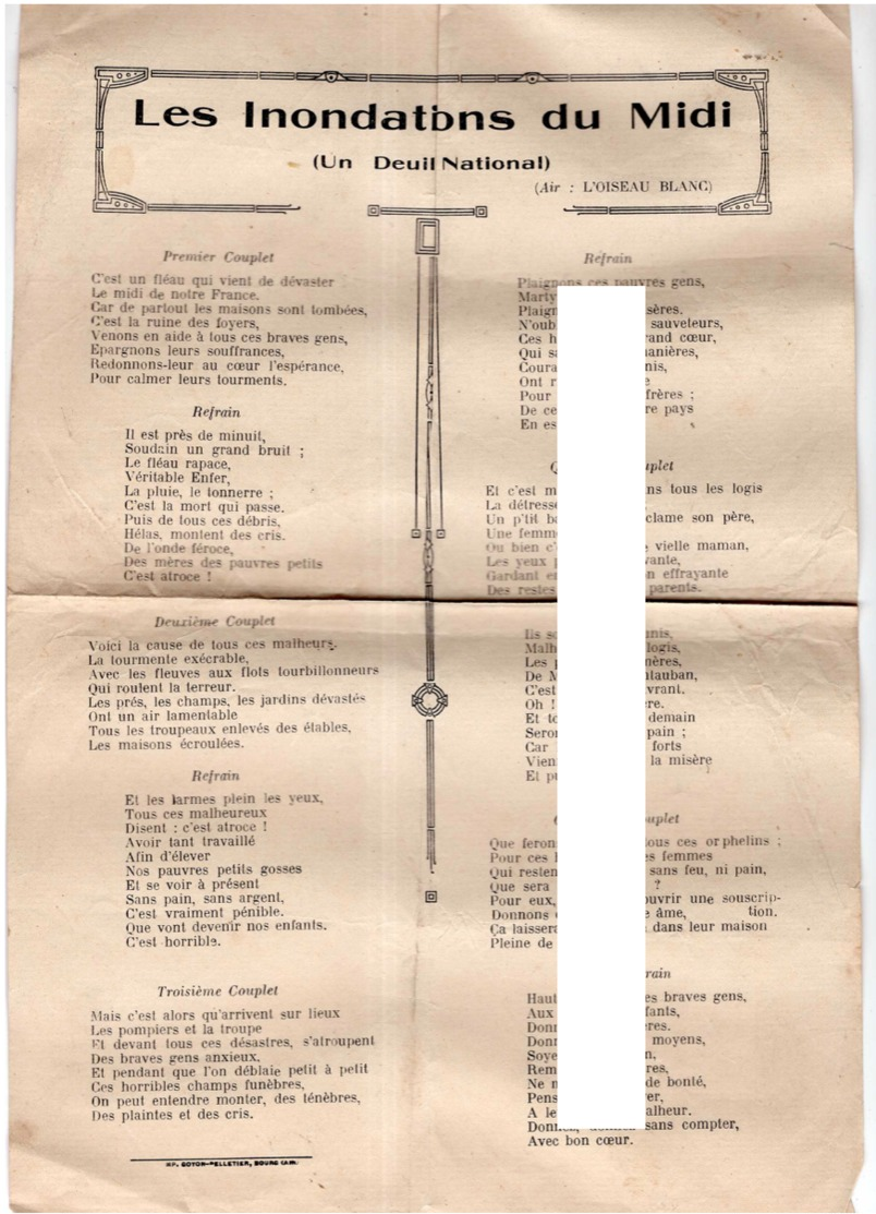 CAF CONC MILITARIA RUE POPULAIRE COMPLAINTE PARTITION LES INONDATIONS DU MIDI 1930? UN DEUIL NATIONAL AIR OISEAU BLANC - Other & Unclassified