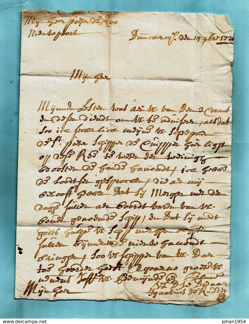 Lettre Avec Contenu 14/10/1726, Griffe DUNKERQUE Vers Nieuwpoort - Port : 3 - 1714-1794 (Paises Bajos Austriacos)