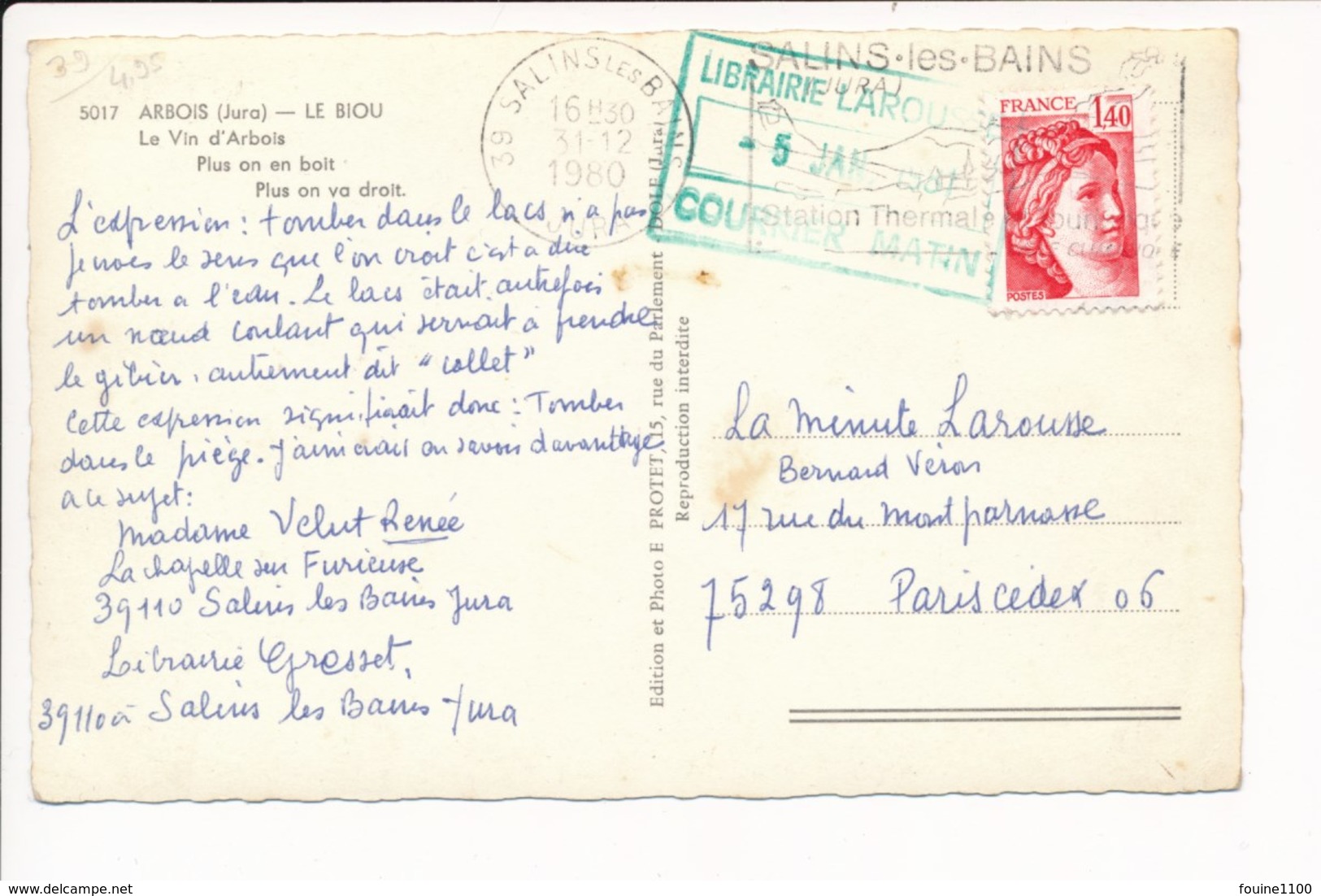 Carte D' Arbois Le Biou  Le Vin D'arbois  ( Format C.P.A )( Tampon Librairie Larousse 5 Janvier 1981 Courrier Matin ) - Arbois