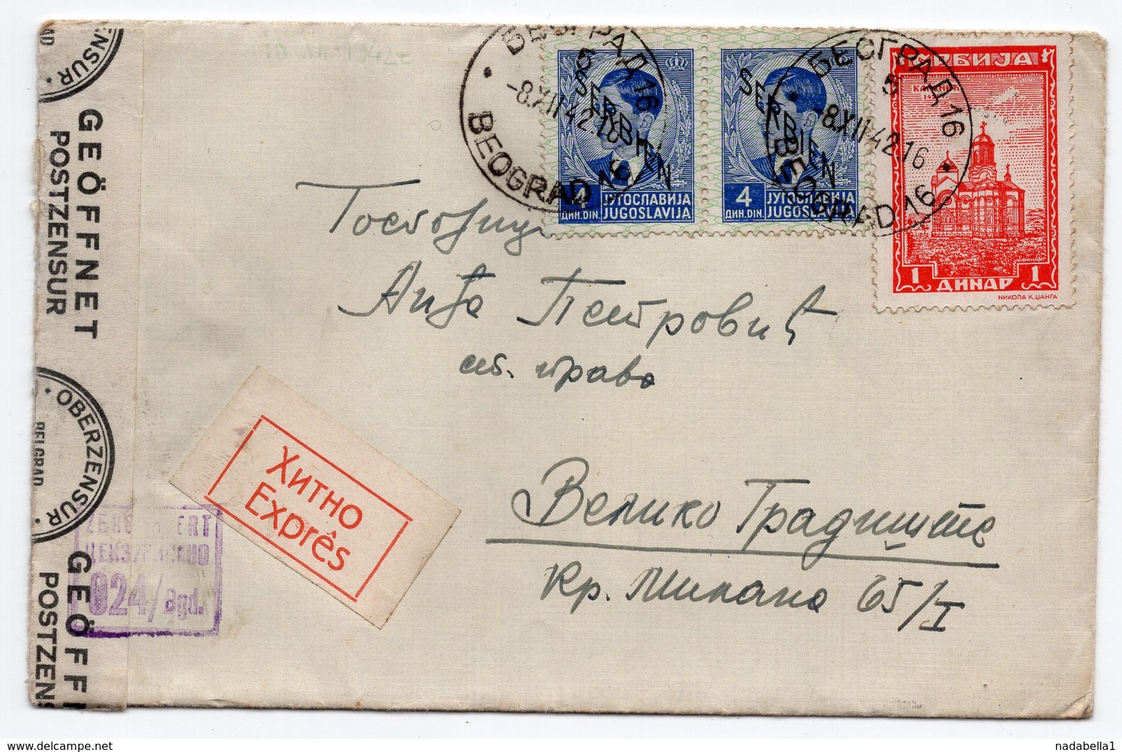 1942 YUGOSLAVIA, SERBIA, WWII, 08.12.1942 .CENSORED, POSTMARK BELGRADE TO VEL. GRADISTE, EXPRESS MAIL, LETTER INSIDE - Covers & Documents