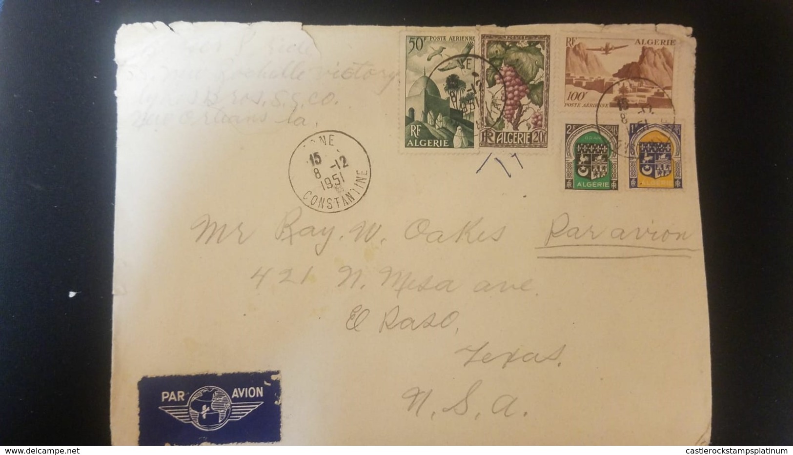 O) 1951 ALGERIA, ARMS OF ORAN, STORKS OVER MOSQUE -ARCHITECTURE, GRAPES, PLANE OVER VILLAGE, AIRMAIL TO USA - Algeria (1962-...)