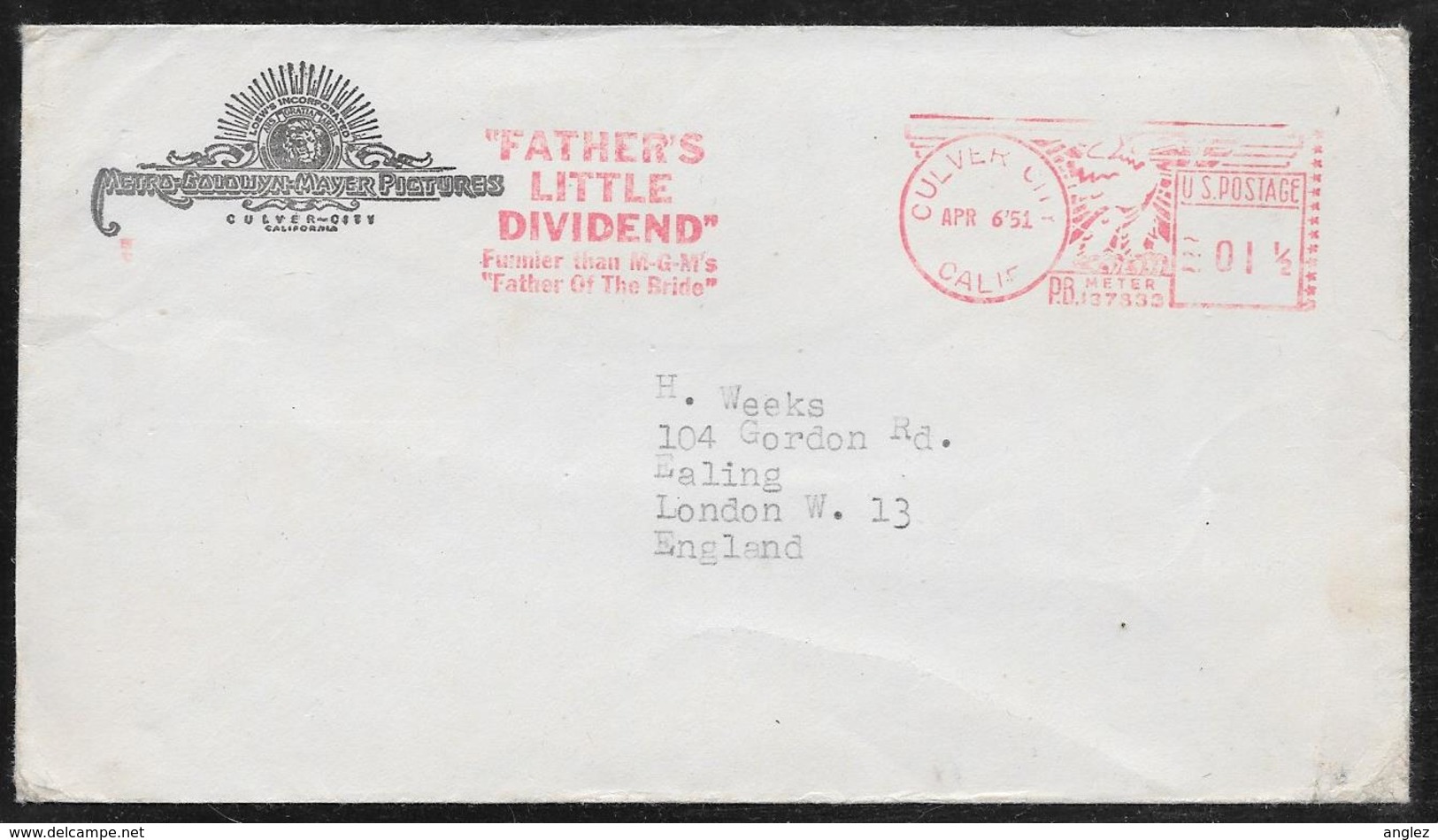 USA - 1951 MGM Studios Envelope To UK - "Fathers Little Dividend" Postmark - Culver City - Lettres & Documents