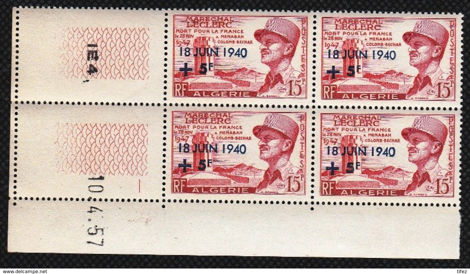 Année 1957-N°345 Neuf**MNH :  17°anniversaire De L'Appel Du Général De Gaulle - Bloc De 4 (CD) - Unused Stamps