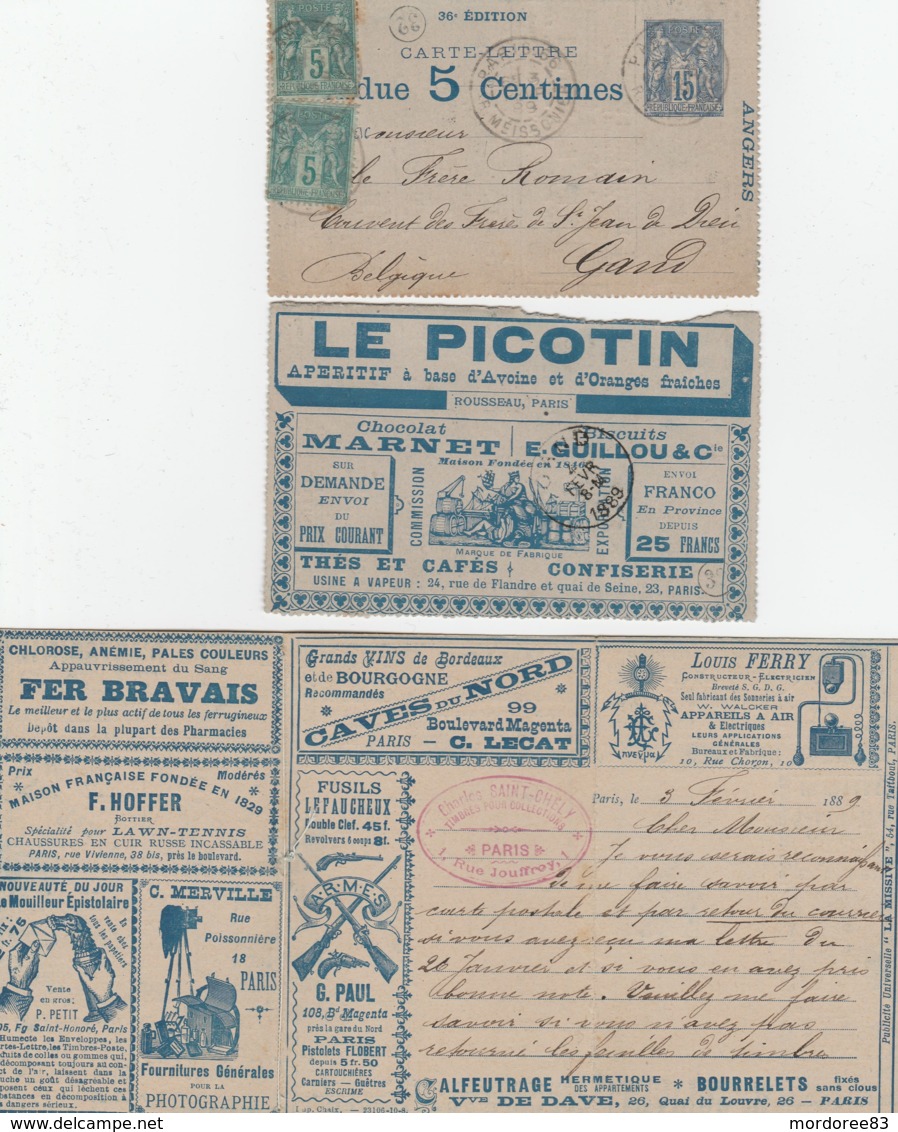 ENTIER SAGE 15C + COMPLEMENT 5CX2 CARTE LETTRE PUBLICITAIRE VENDUE 5 CENTIMES 36e EDITION PARIS 1889 P/LA BELGIQUE - Cartes-lettres