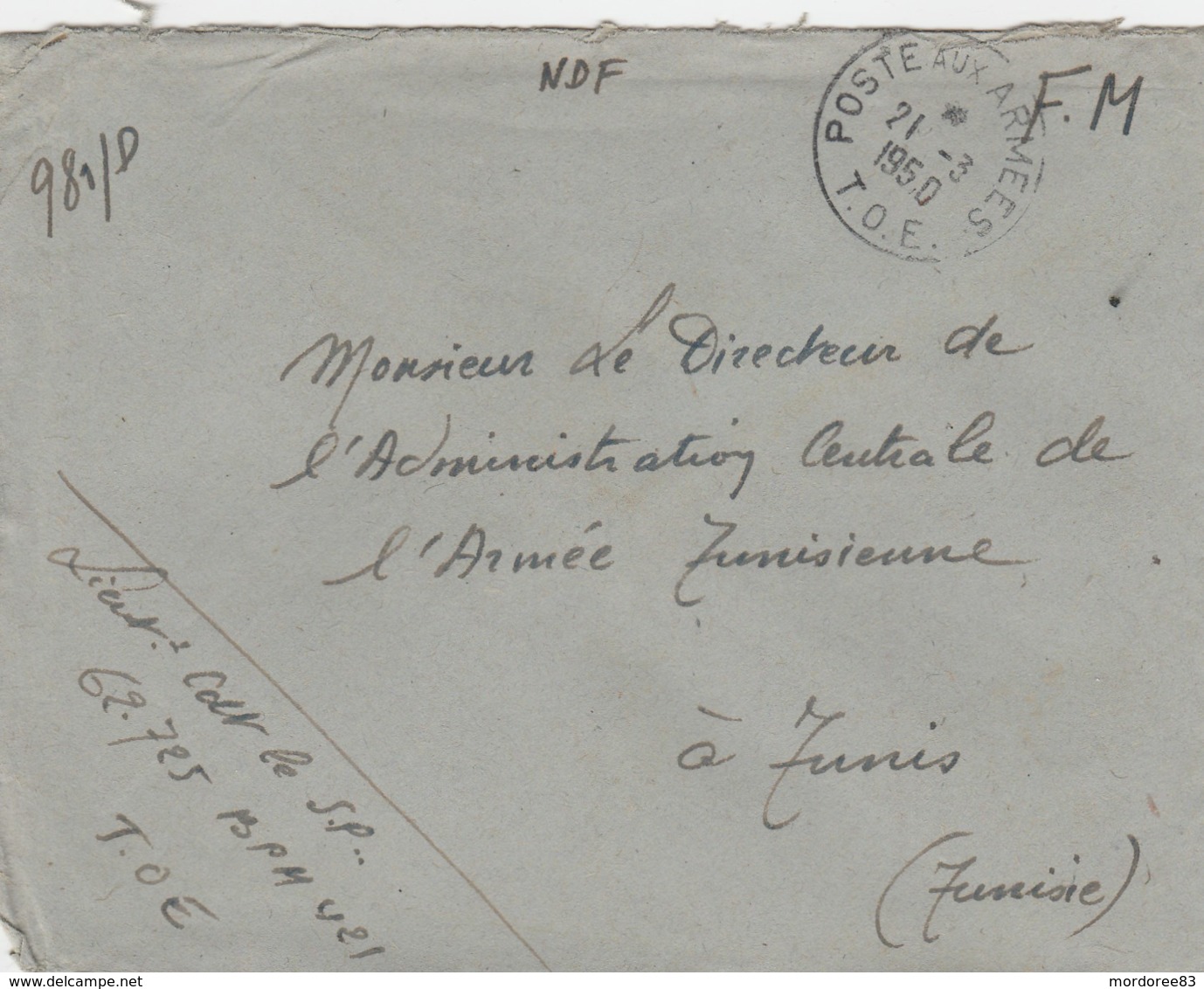 LETTRE FM POSTE AUX ARMEES - T.O.E - BPM421 - 21/3/50 - SP 62725 POUR DIRECTEUR L ACAT TUNIS - Guerra De Indochina/Vietnam