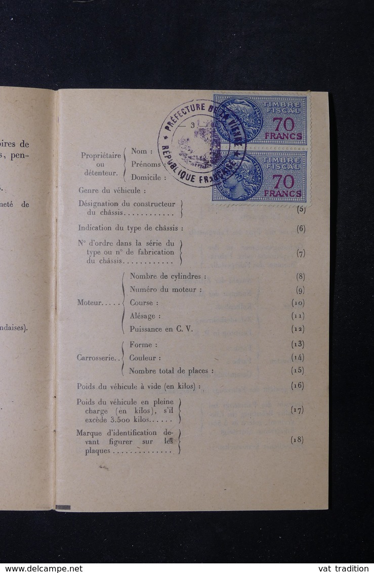 FRANCE - Certificat International Pour Automobiles De 1953 De Limoges , Fiscaux -  L 31602 - Collections