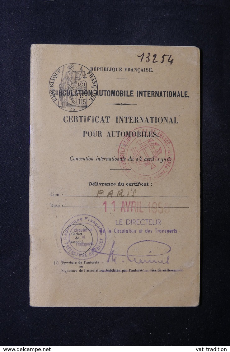 FRANCE - Certificat International Pour Automobiles De 1950 De Paris -  L 31604 - Collections