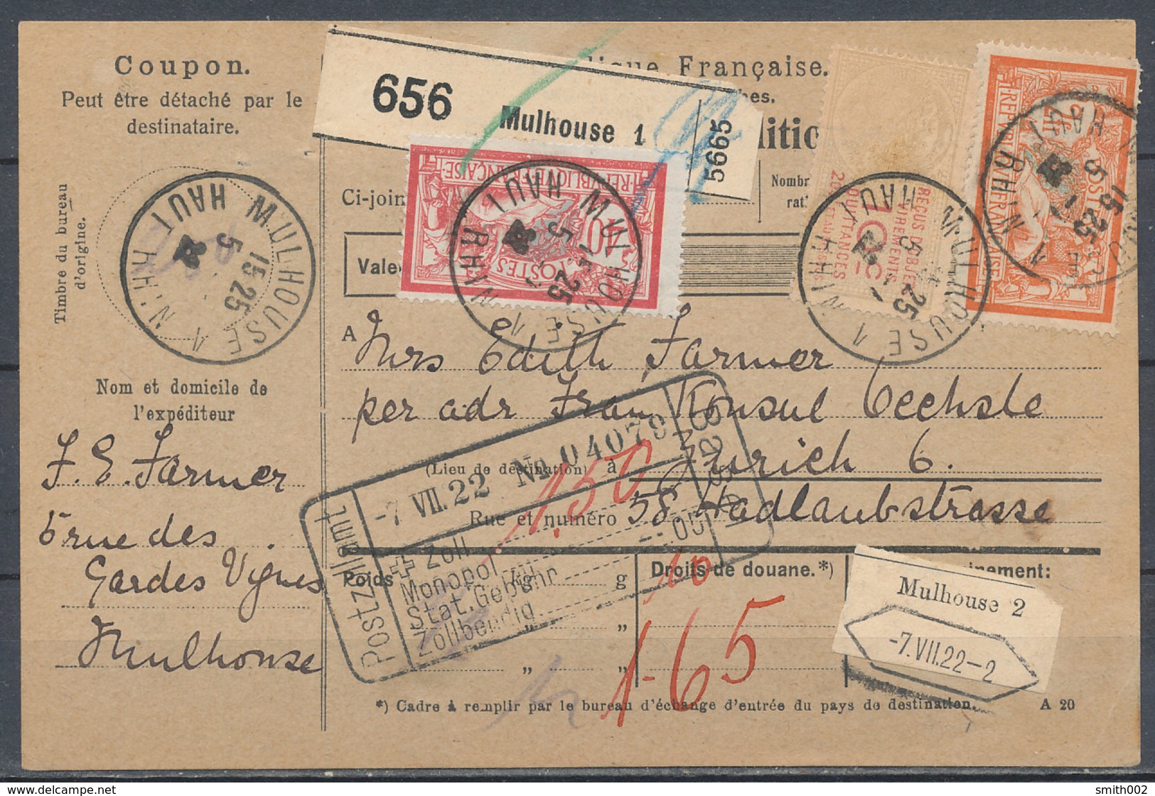 FRANCE - 1922 From Mulhouse To Zurich, Bulletin D'expédition,  Nice - Pseudo-entiers Officiels