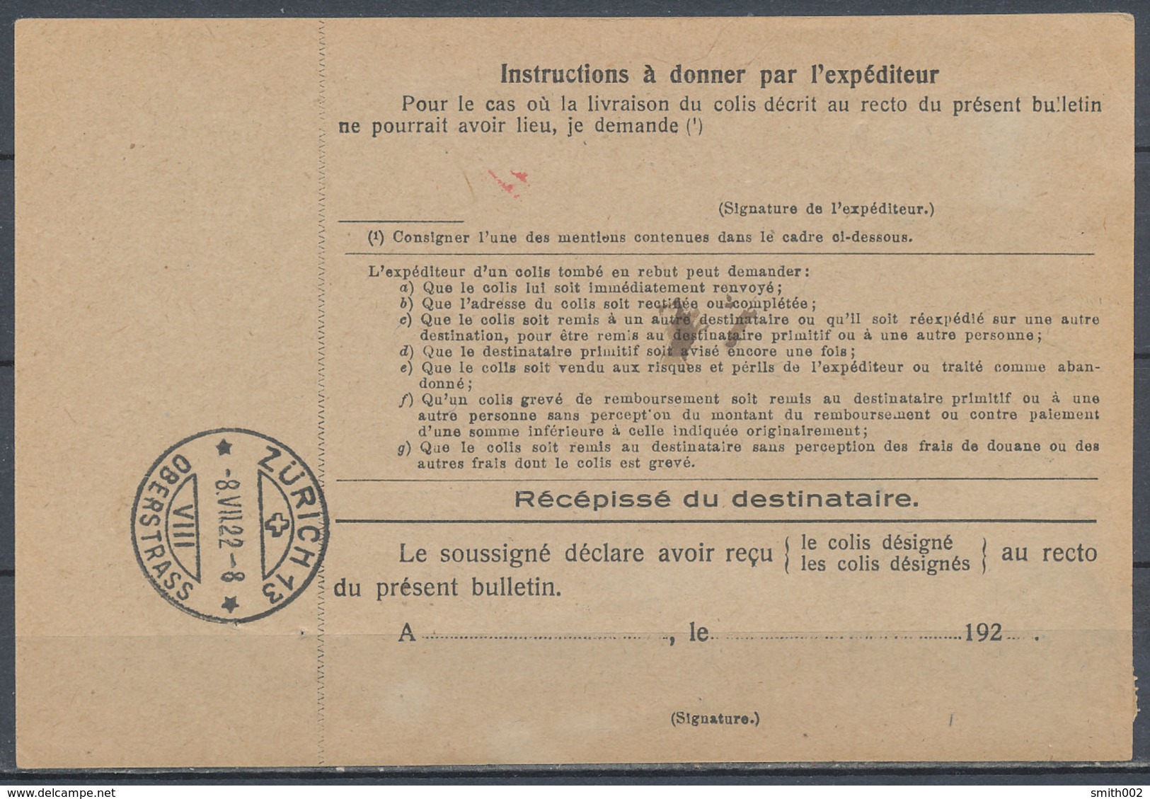 FRANCE - 1922 From Mulhouse To Zurich, Bulletin D'expédition,  Nice - Official Stationery